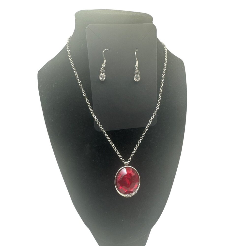 Red Crystal Pendant Necklace and Earrings Set Silver Tone Chain